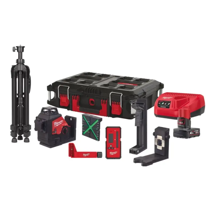 Beperkte Voorraad Milwaukee M12 3PLKIT-401P 3D Laser met 3 Groene 360° Lasercirkels - 1x4Ah 12V