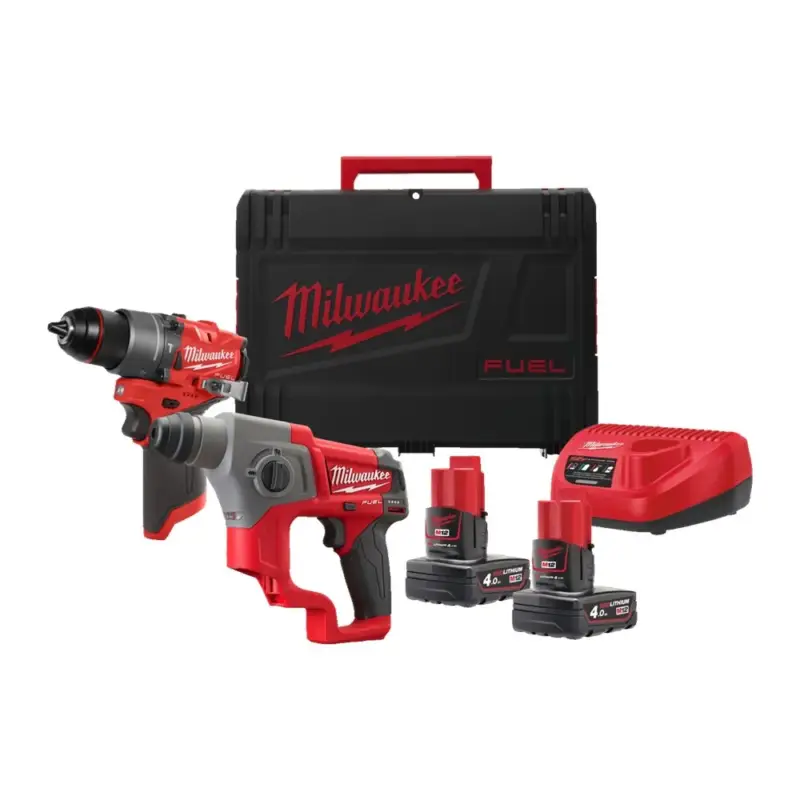 Goedkoop Milwaukee M12 FPP2F2-402X Combiset - FPD2 Slagboor en CH Boorhamer - 4.0Ah 12V in HD Box - 4933480590 (Milwaukee gereedschapset)