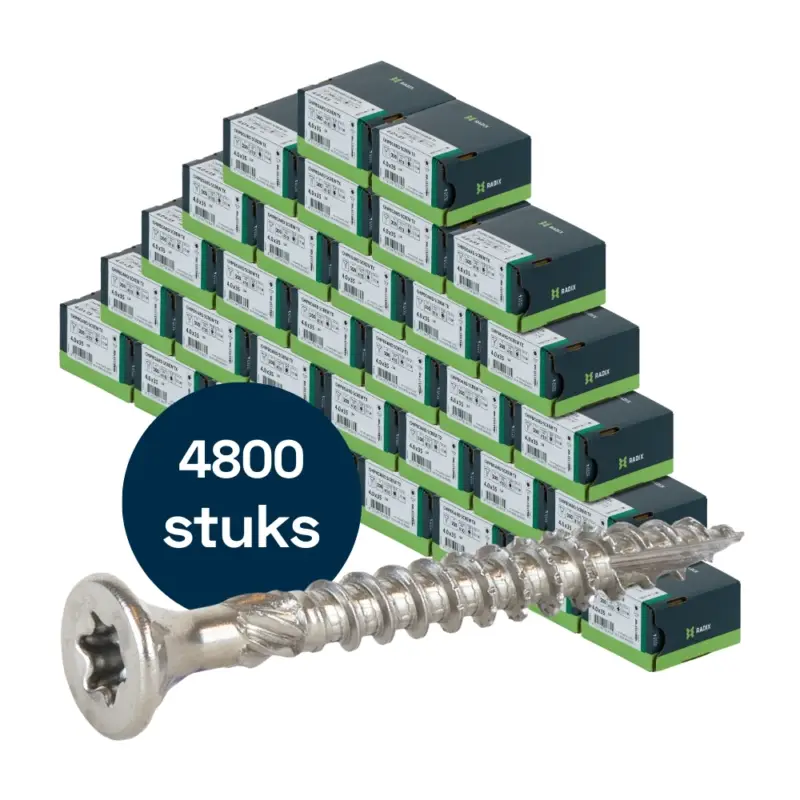 Uitverkoop Radix Torx 20 Spaanplaatschroef - Platkop + Snijpunt - 4,0 x 35mm/24 - RVS - Deeldraad (4800 stuks) VOLLE DOOS!