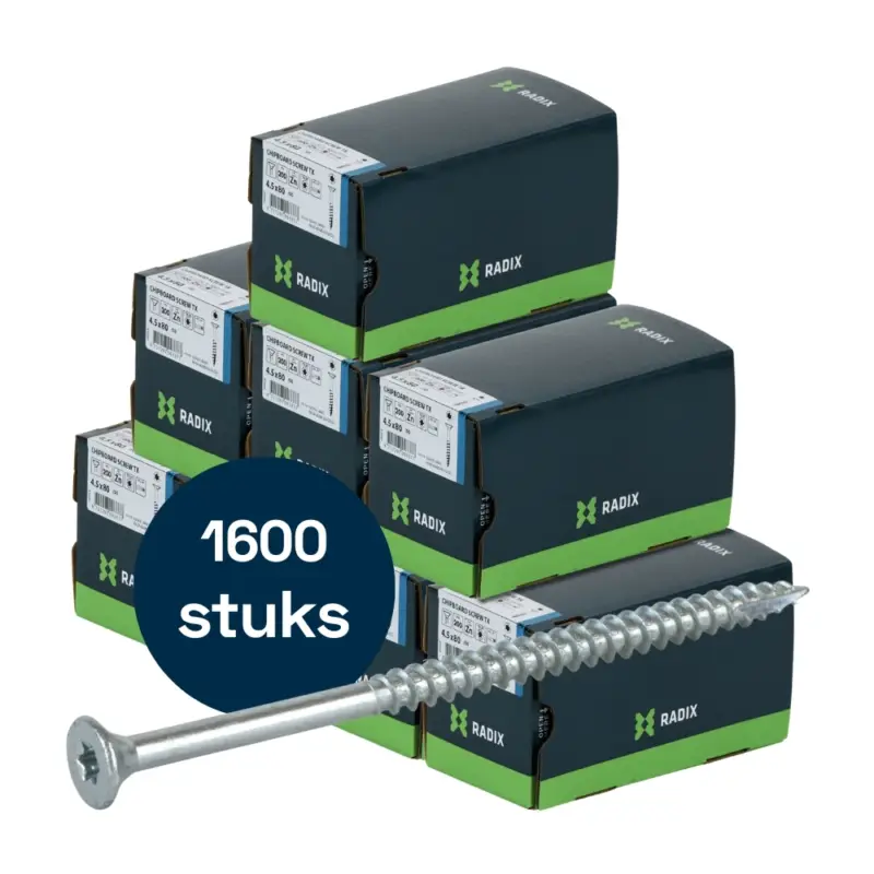 Gereduceerde Prijs Radix Torx 20 Spaanplaatschroef - Platkop + Snijpunt - 4,5 x 80mm/50 - Verzinkt - Deeldraad (1600 stuks) VOLLE DOOS!
