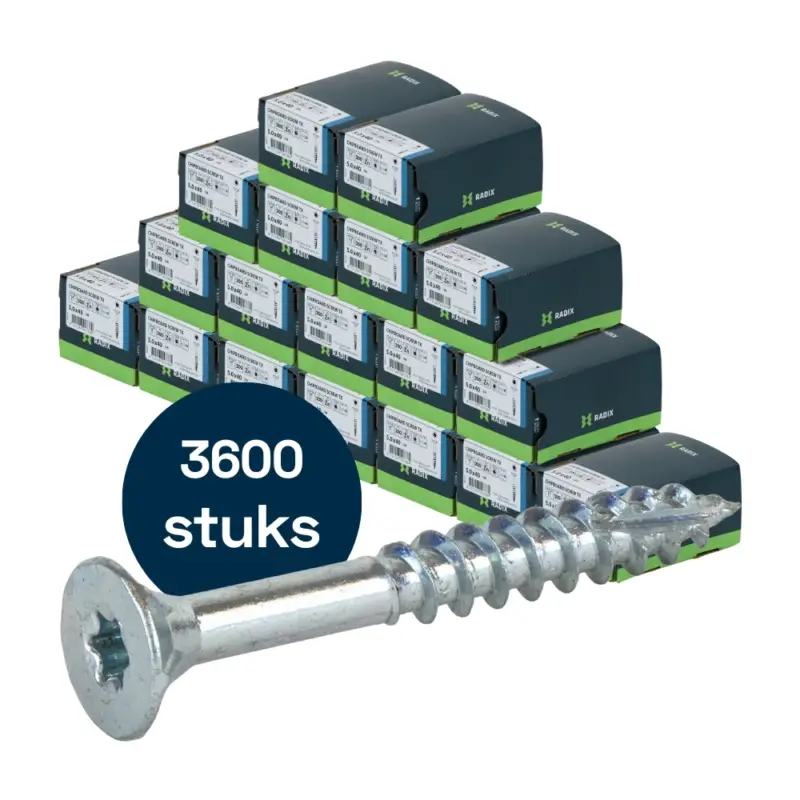 Fabrieksprijs Radix Torx 20 Spaanplaatschroef - Platkop + Snijpunt - 5,0 x 40mm/24 - Verzinkt - Deeldraad (3600 stuks) VOLLE DOOS!