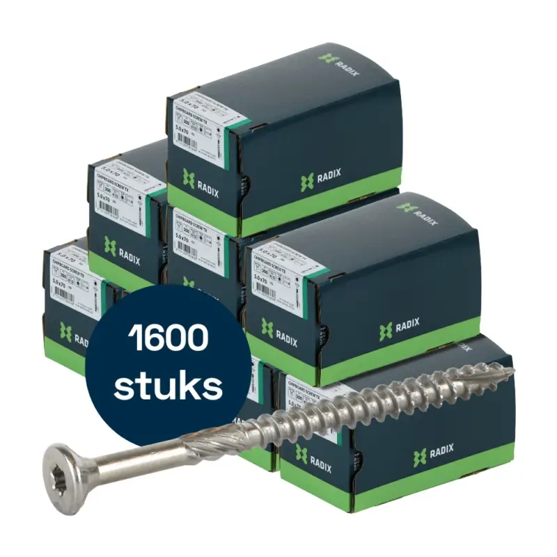 Koop Vandaag Radix Torx 20 Spaanplaatschroef - Platkop + Snijpunt - 5,0 x 70mm/42 - RVS - Deeldraad (1600 stuks) VOLLE DOOS!