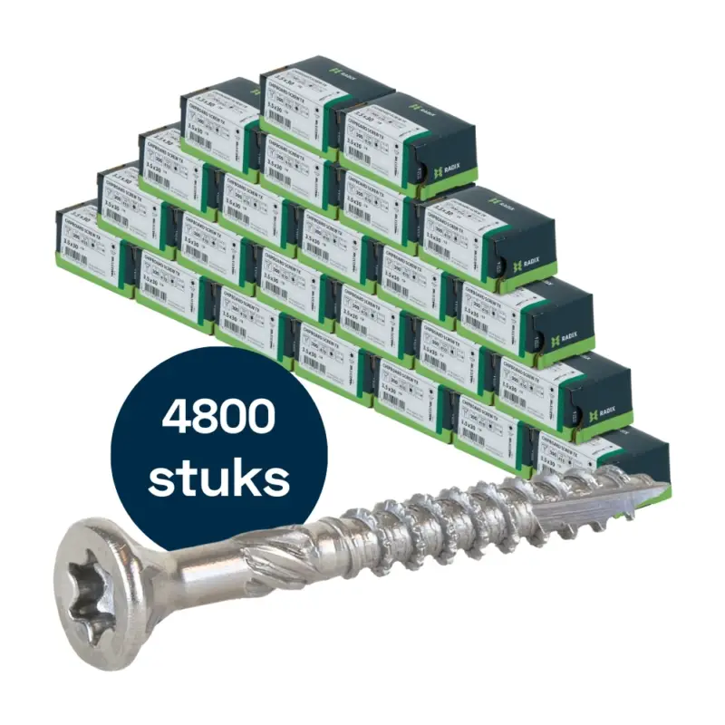 Radix Torx 20 Spaanplaatschroef - Platkop + Snijpunt - 3,5 x 30mm - RVS - Voldraad (4800 stuks) VOLLE DOOS! Luxe