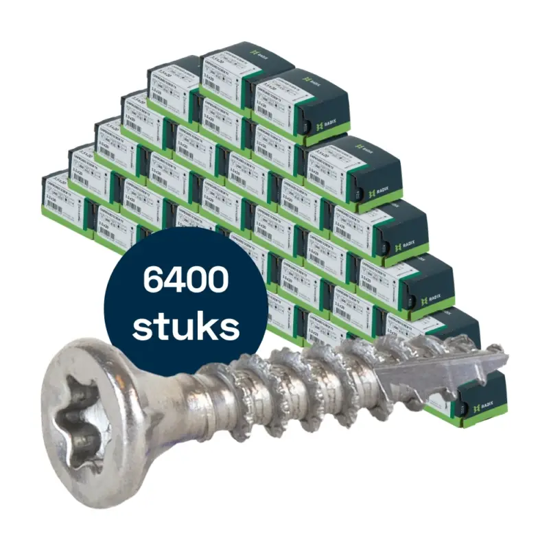 Gratis Verzending Radix Torx 20 Spaanplaatschroef - Platkop + Snijpunt - 3,5 x 20mm - RVS - Voldraad (6400 stuks) VOLLE DOOS!