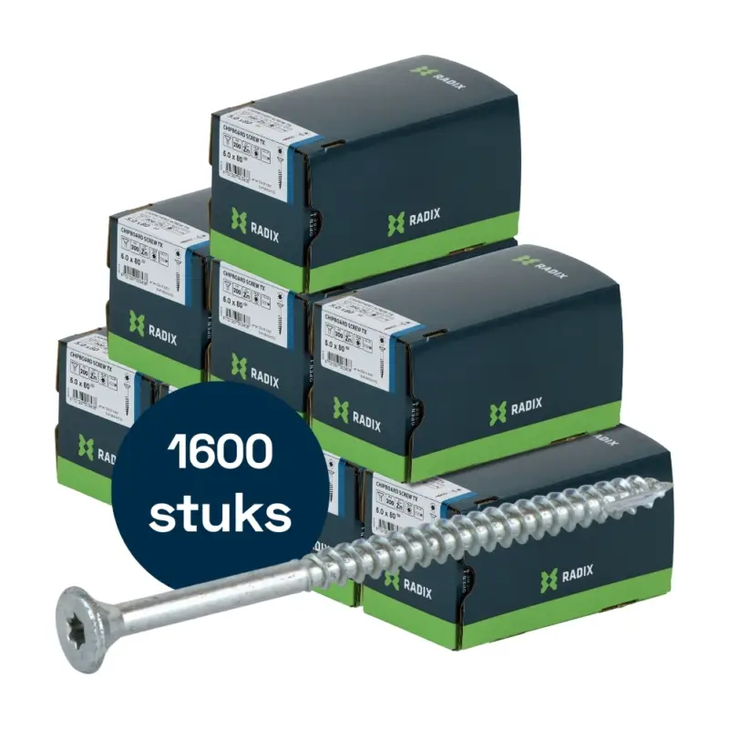 Beperkte Voorraad Radix Torx 20 Spaanplaatschroef - Platkop + Snijpunt - 5,0 x 80mm/50 - Verzinkt - Deeldraad (1600 stuks) VOLLE DOOS!