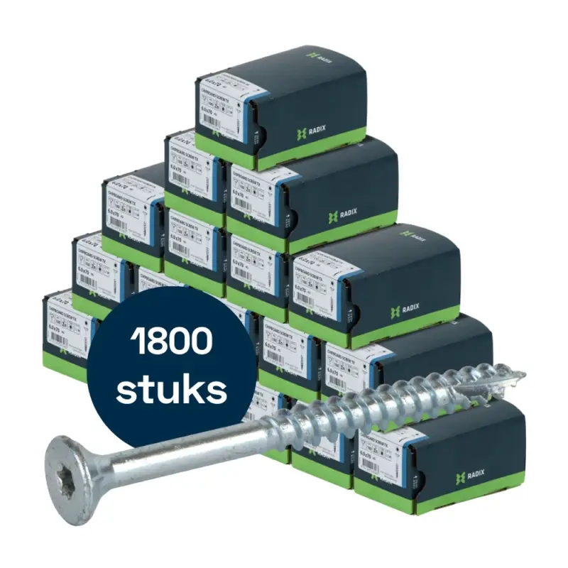 Radix Torx 25 Spaanplaatschroef - Platkop + Snijpunt - 6,0 x 70mm/42 - Verzinkt - Deeldraad (1800 stuks) VOLLE DOOS! Speciale Aanbieding