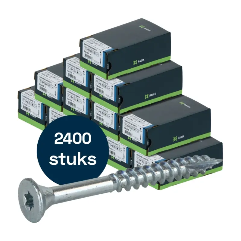 Radix Torx 20 Spaanplaatschroef - Platkop + Snijpunt - 5,0 x 50mm/30 - Verzinkt - Deeldraad (2400 stuks) VOLLE DOOS! Authentiek