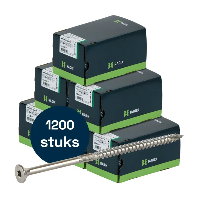 Radix Torx 20 Spaanplaatschroef - Platkop + Snijpunt - 5,0 x 100mm/55 - RVS - Deeldraad (1200 stuks) VOLLE DOOS! Trendy